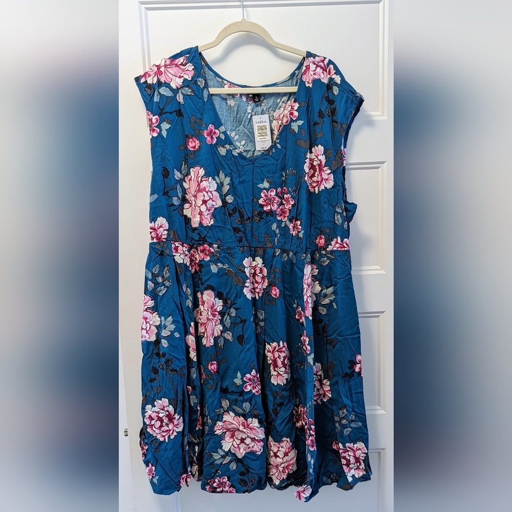 Torrid Womens Dress Size 3 Teal Floral V-Neck Elastic Waist Sleeveless